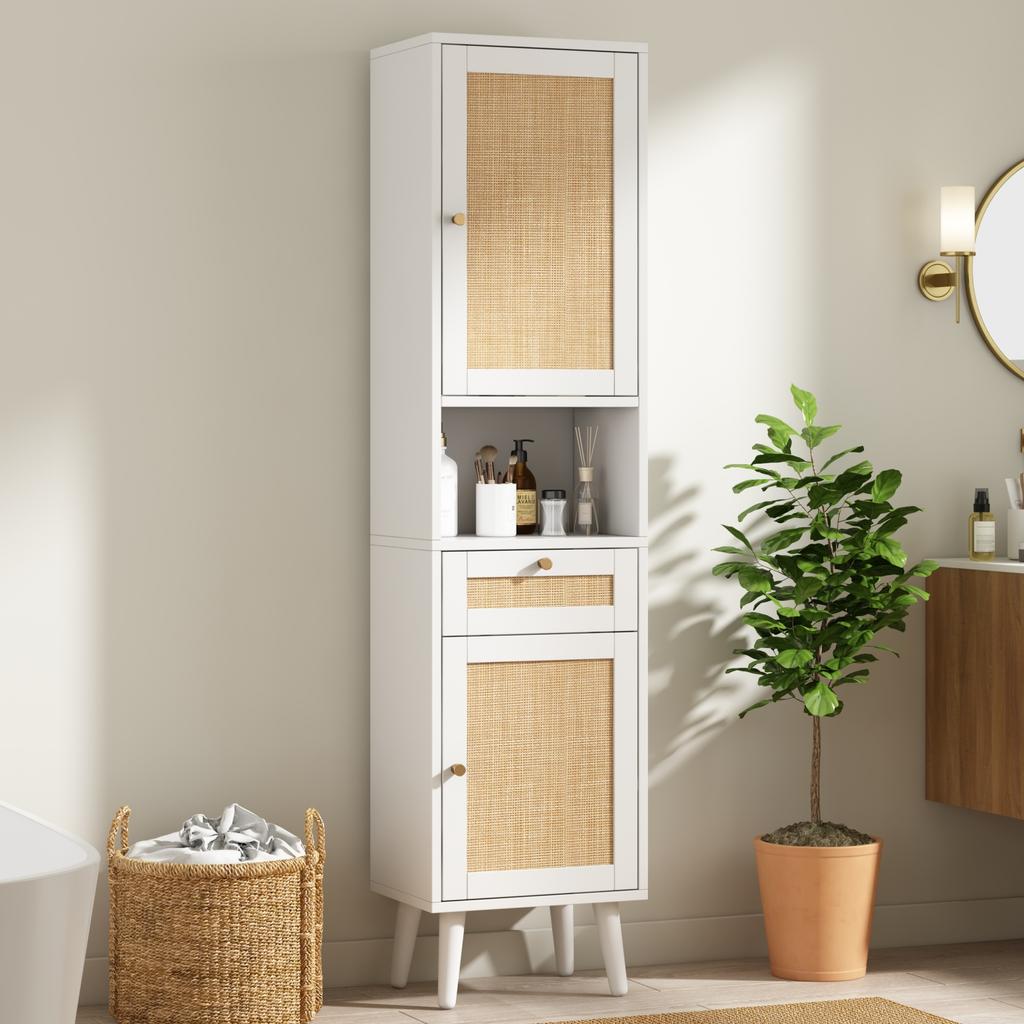 Hoher Stand-Badezimmerschrank, Rattan-Türen, Links-Rechts umkehrbar, Schublade, Magnetverschluss, Soft-Close-Scharniere, 40×30×166 cm, Weiß