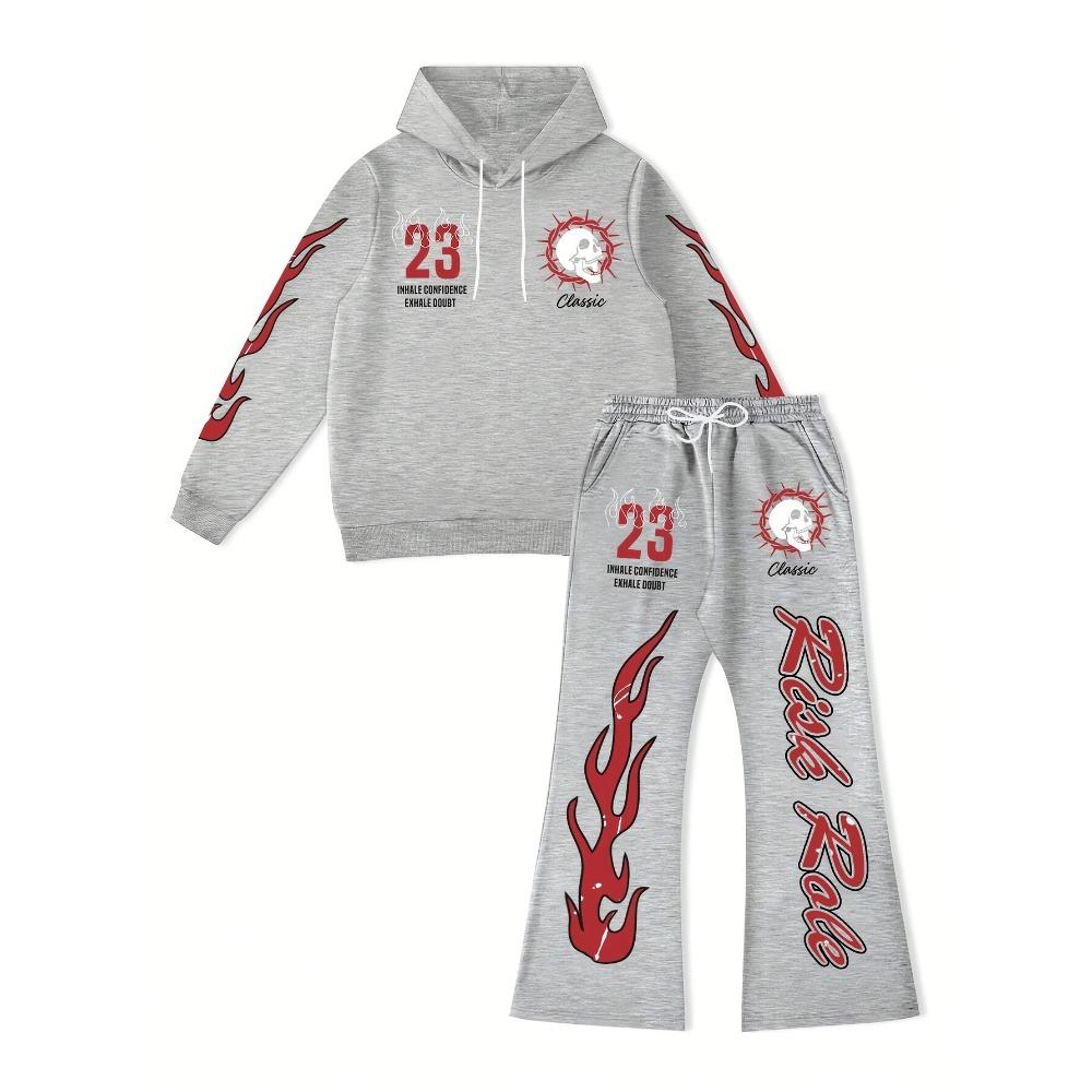 Men s Fall Casual Sports Sweatshirt Set with Flame Pattern Print, Hooded Sweatshirt Hip Hop Street 2pcs Sports Set S