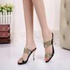 2026 New Women's Summer Fashion Comfort Elegant Sandals Gold One-word Diamond Stiletto Heel Medium Heel Rhinestone Sandals