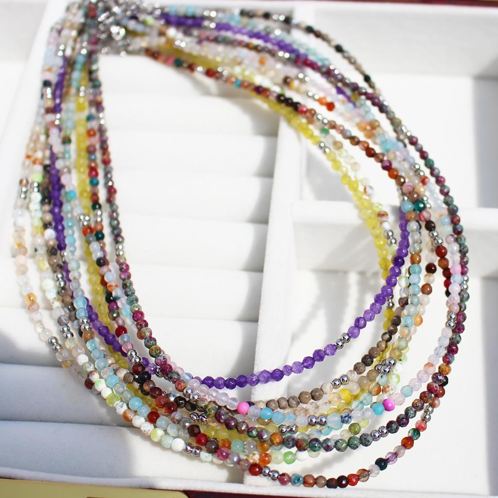 Handmade Original Jewelry Faceted Colored Natural Stone Beaded Necklace Stacked With Very Fine Collarbone Chain 772
