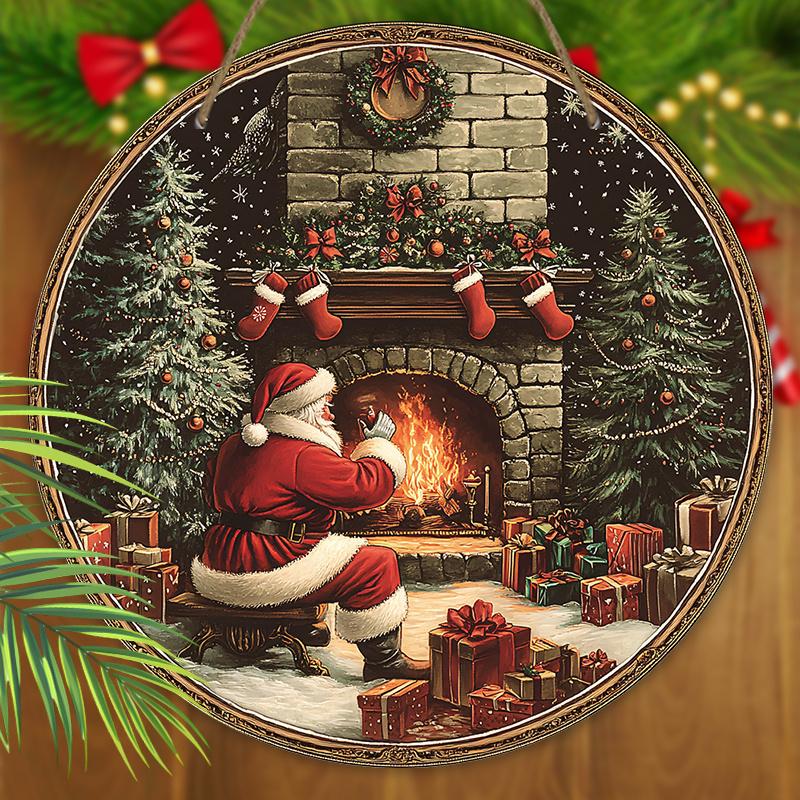 Vintage Wooden Christmas Sign with Santa Claus & Fireplace Pattern, Christmas Eve Round Sign for Front Door Wall Hanging Decor, Ideal Christmas Gift