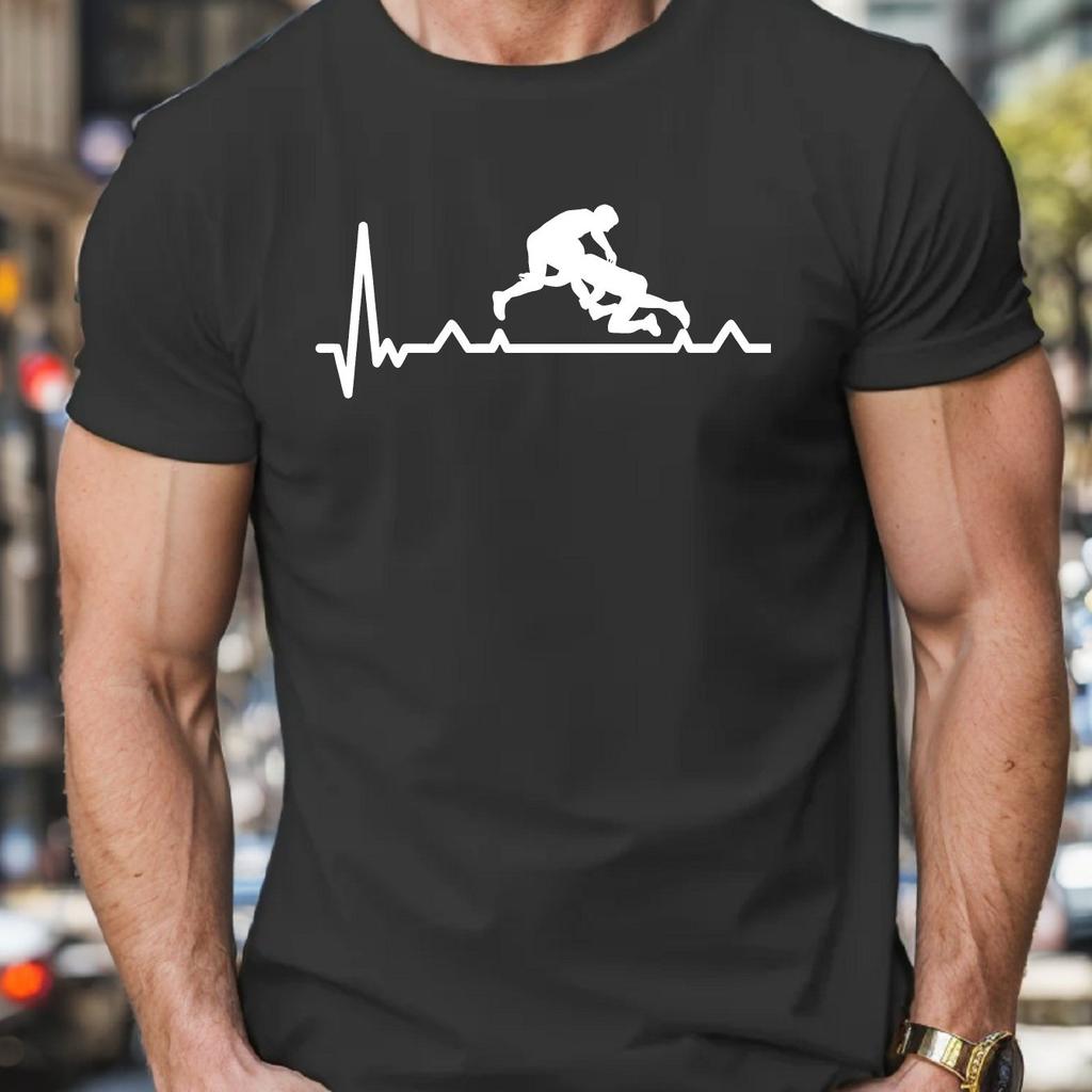 Wrestling Heartbeat ECG Graphic Tee Mens Short Sleeve Cotton TShirt Casual Summer