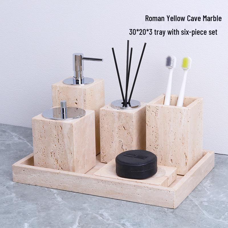 Badezimmerset aus gelbem Marmor im chinesischen Stil: Tablett, Aromatherapie-Ornament, Handseifenspender & Taschentuchbox.