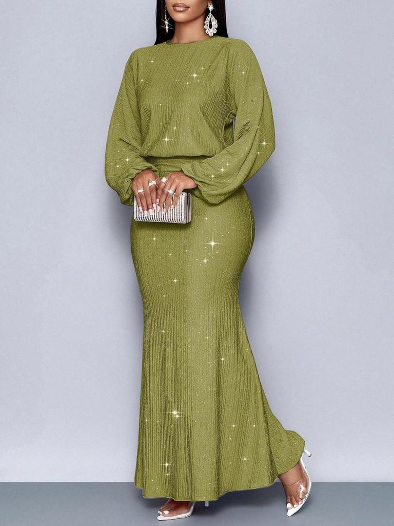New Style Rhinestone Long Sleeve Fishtail Ruffles Pleated Dress