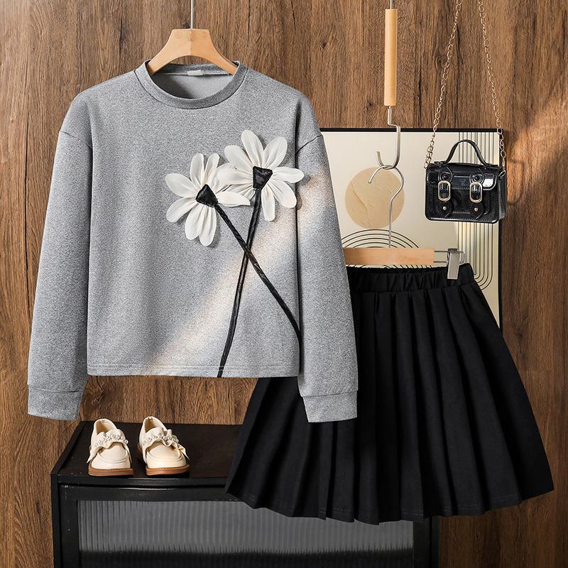 

Повседневный комплект для девочек, Осенняя детская мода, Топ с цветочным принтом и длинными рукавами, Плиссированная юбка 150cm=10Y серый