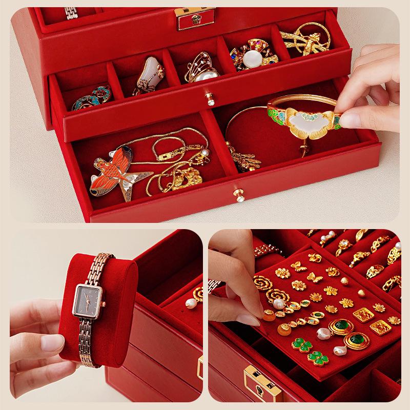 Multilayer Leather Wedding Jewelry Storage Box with Drawers for Necklaces and Rings