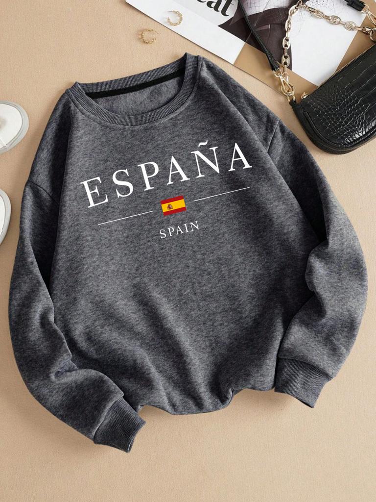 Spain Flag Design Womens Y2K Sweatshirts All-Match Loose Pullover Autumn Fleece Streetwear Casual O-Neck Clothing