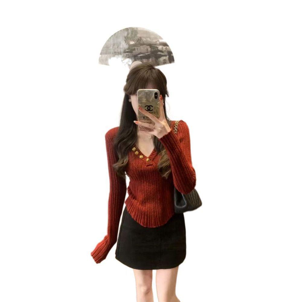 Women's Red V-Neck Knitted Sweater - Slim-Fit, High-End Christmas & New Year Style, Perfect for Autumn/Winter