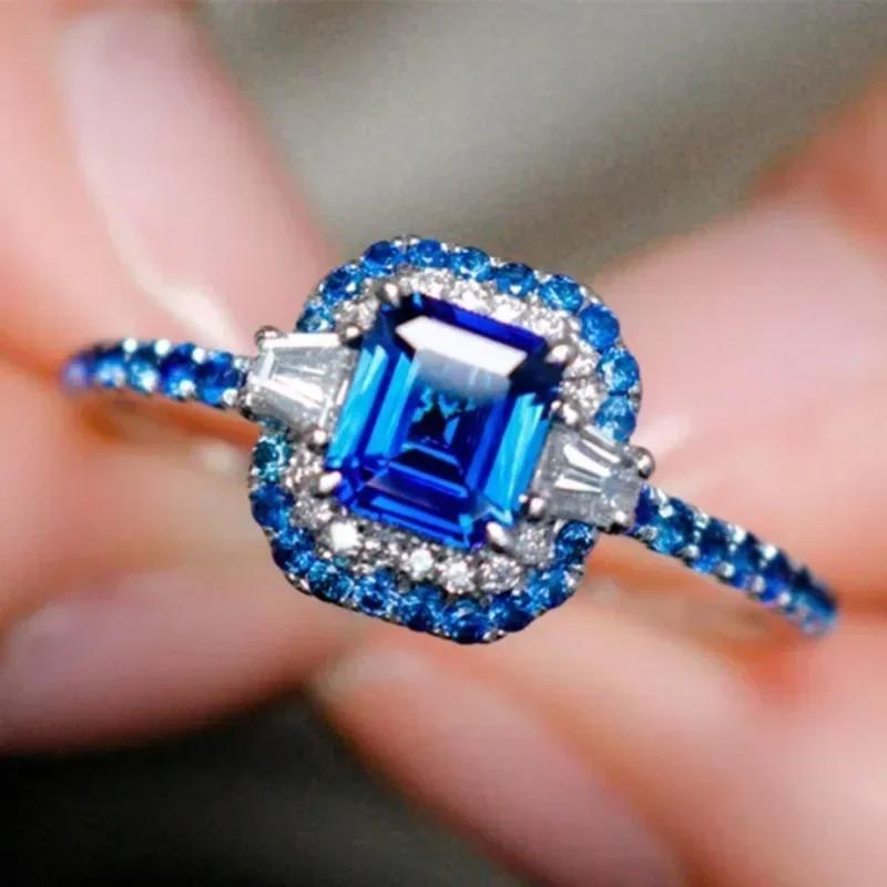 2026 New Blue Cube Zircon Attends Banquet Ring Fashionable, Elegant, High End Women's Bridal Luxury Inlaid Jewelry Accessories