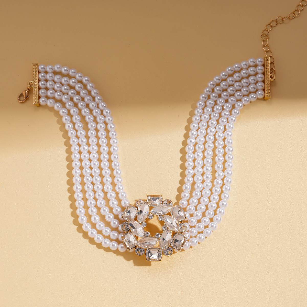 Vintage Diamond Imitation Pearl Beaded Multilayer Clavicle Chain Elegant Necklace