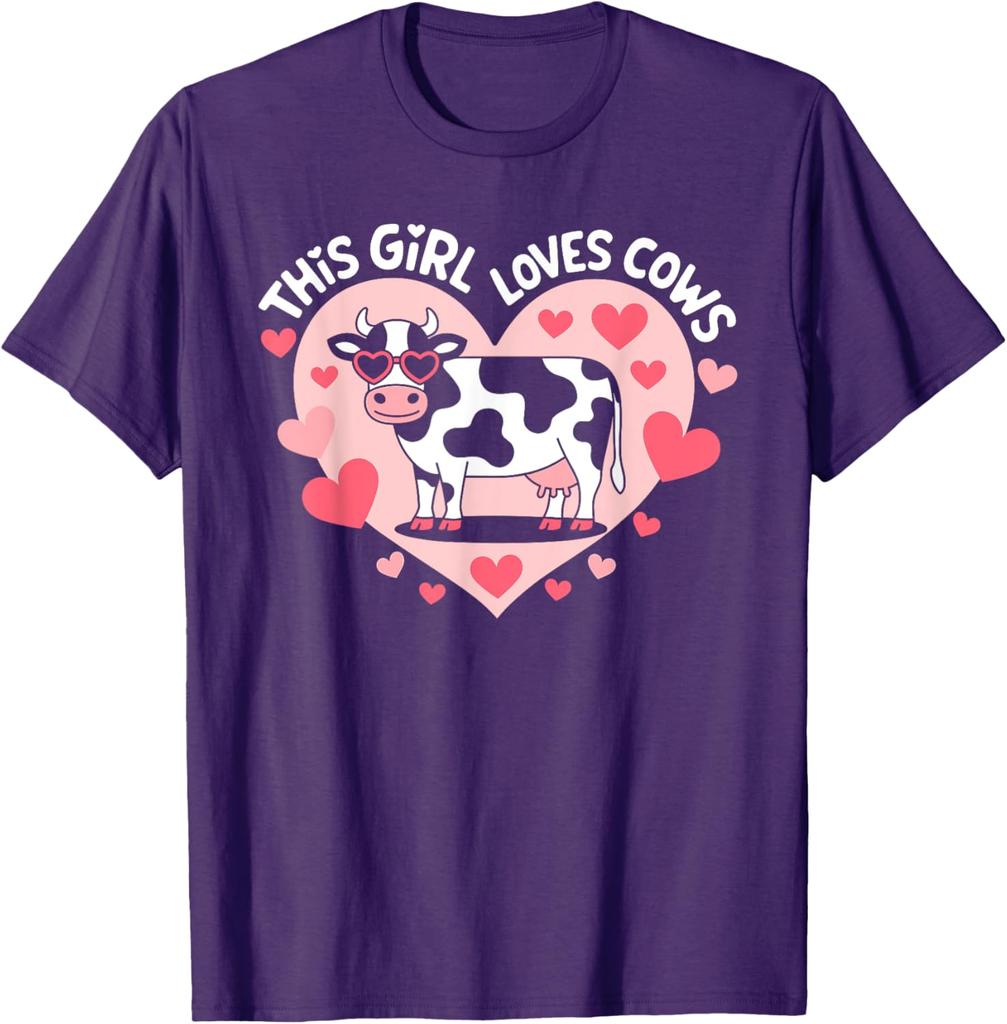 Cute Cartoon Cow Heart Graphic Tee This Girl Loves Cows Farm Animal T-Shirt Unisex Print Machine Washable