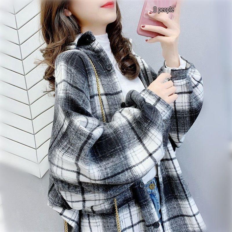 Damen Verdicktes Gebürstetes Karoshirt: Lockere Passform im koreanischen Stil, figurschmeichelnde Langarmbluse für Herbst und Frühling.