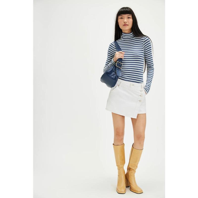 Women S Striped Print Half High Neck Fitted Long Sleeve T Shirt Base Layer Top