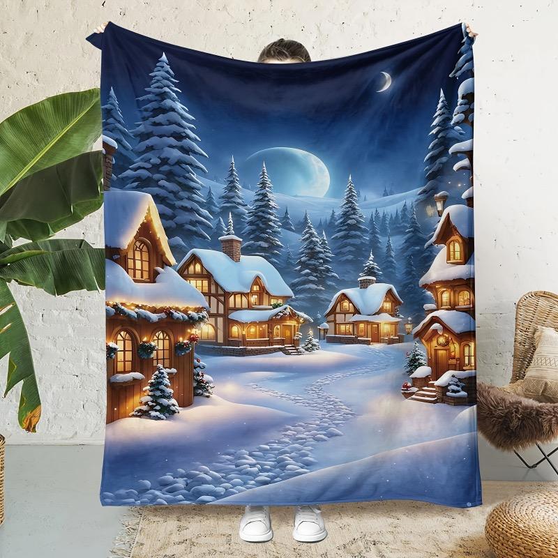 

Contemporary Flannel Fleece Throw Blanket – Digital Print Winter Scene with Snowy Village and Moon – Soft Warm 30x40in