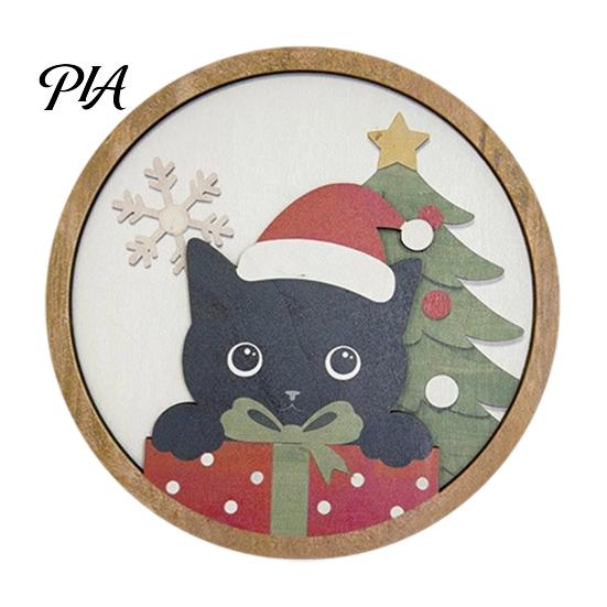 Cute Animal Wall Art Christmas Black Cat Decor, Layered Wooden Hanging Sign, Round 2D Creative Layout Flat Decoration for Living Room Bedroom And Hall