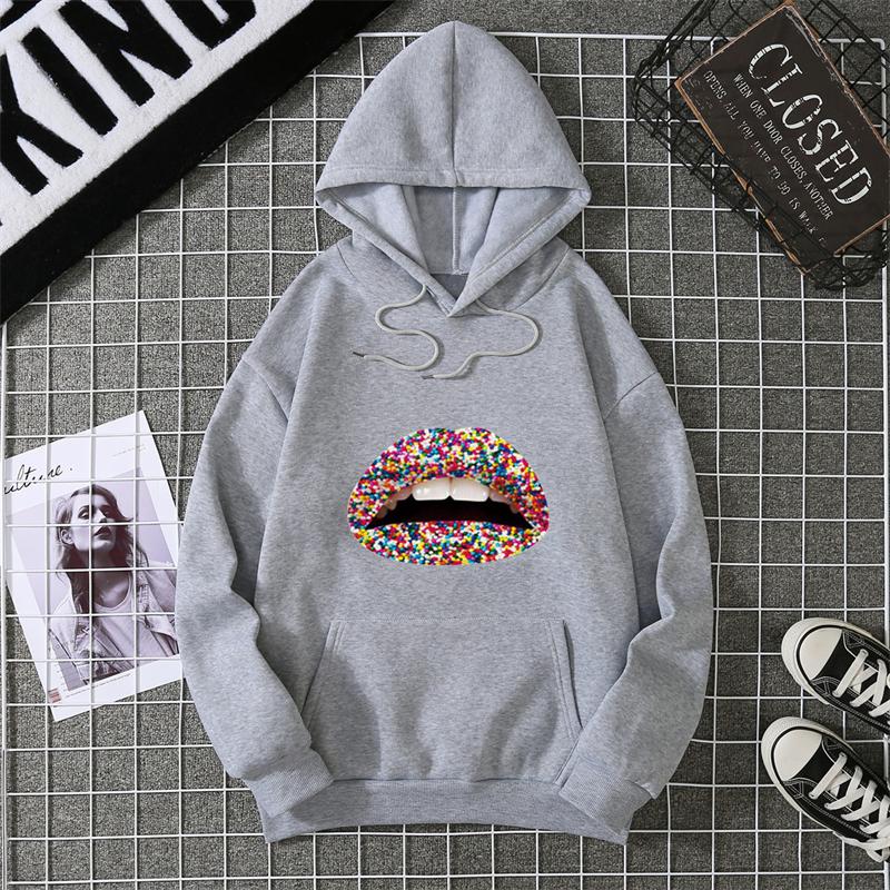 Fashion Lips Print Women Hooded Sweatshirt Casual Long Sleeve O Neck Loose Women Ladies Hooded Tops Clothes