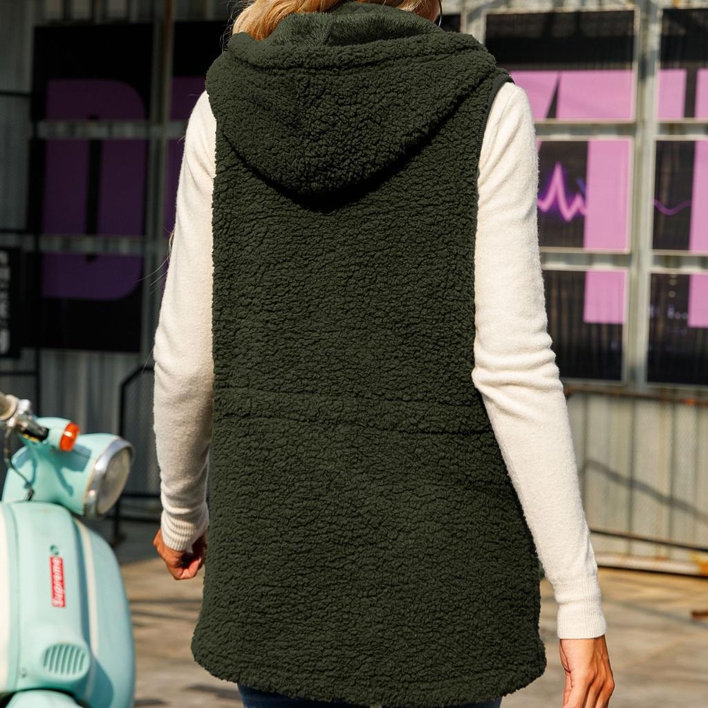 Autumn Outfit, Women's Style, Hooded Vest, Sleeveless Zipper Jacket, Medium Length, Solid Color, Adjustable Waist Circumference, Bubble Velvet Vest