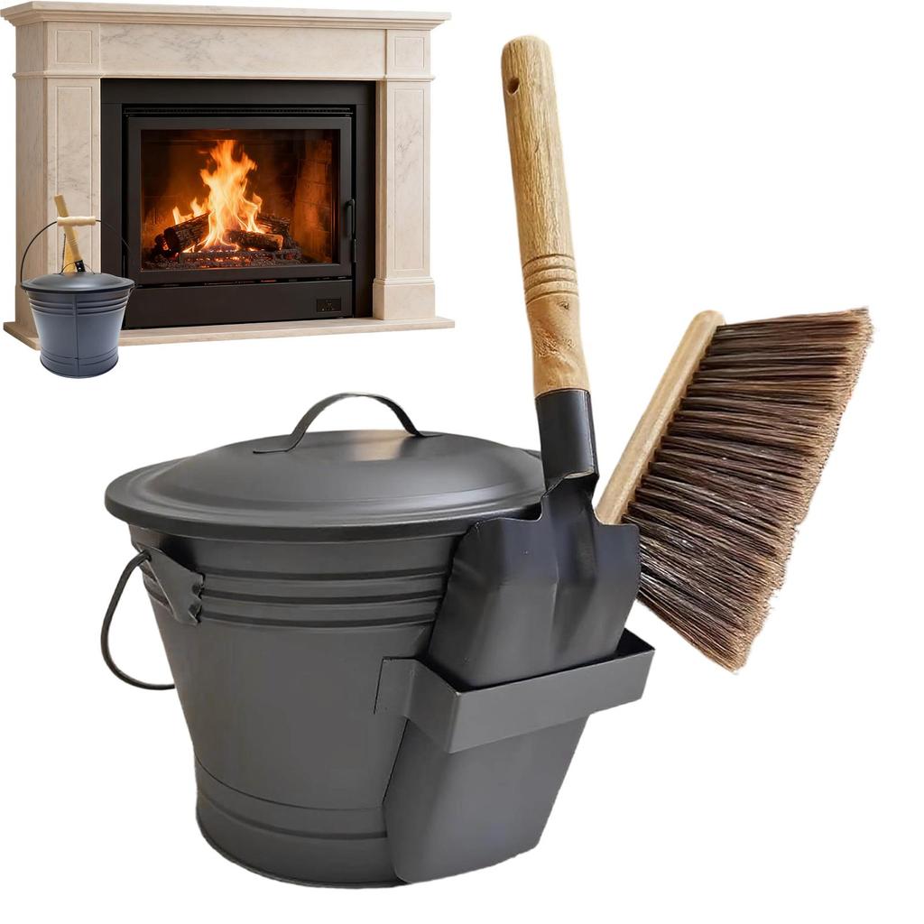 Wall-Mounted Furnace Ash Bucket Set Metal Container Ash Pail With Lid Shovel Broom For Fireplace Fire Pits, Grills, Wood Stoves