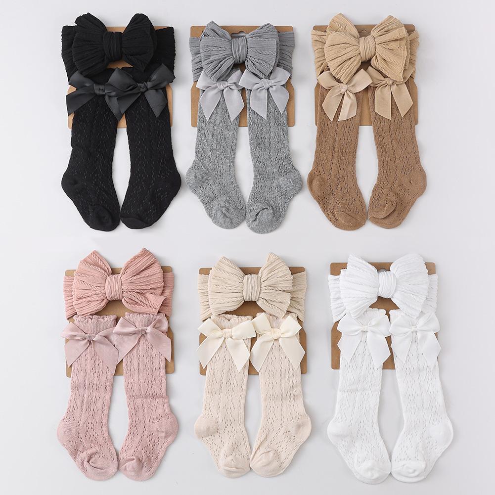 2Pcs Baby Girl Fall Outfit Vintage Cable Knit Stockings With Bow Headband Solid Spanish Socks Hair Accessories For 0-12 Months