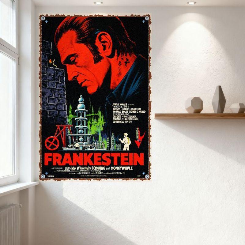 Vintage Frankenstein Movie Poster Metal Tin Sign Red Gothic Sci-Fi Horror Art Wall Decor for Man Cave Home Bar Cafe Decoration