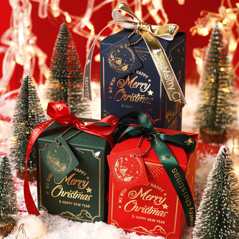 Christmas Apple Box Square Red Green Blue Xmas Eve Gift Packaging Box Dessert Fruit Candy Box for Home New Year Party Supplies