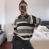 2026 Autumn/Winter Loose Striped Long Sleeve Color Block Sweater with Lapel