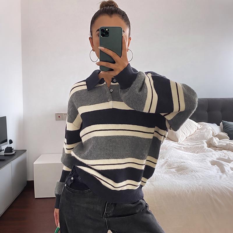 2026 Autumn/Winter Loose Striped Long Sleeve Color Block Sweater with Lapel