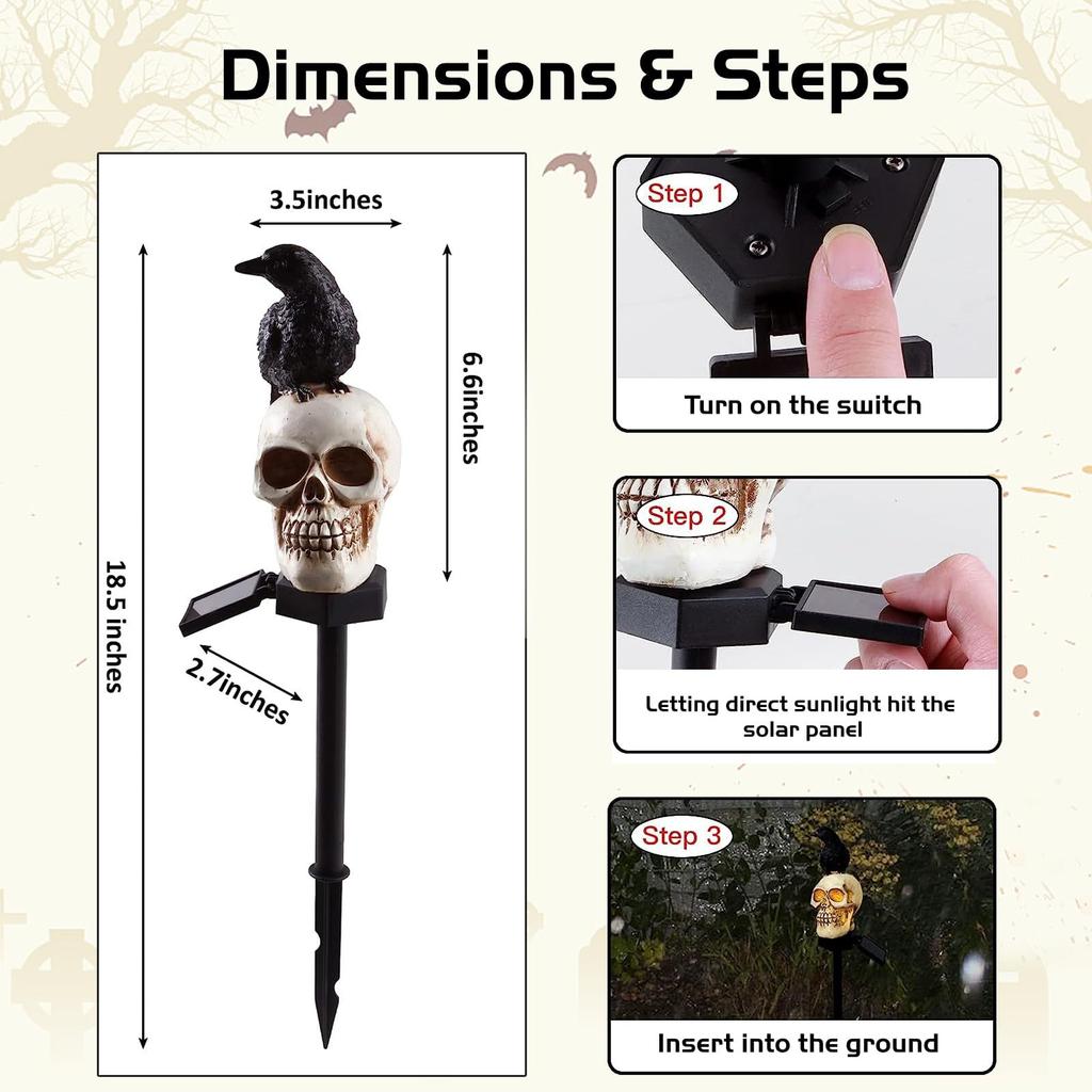 1 Stück Wasserdichte Solar-Totenkopfleuchten für den Außenbereich, Gartensteckerleuchten, Raben-Skelettkopf-Dekoration für Halloween-Gartenparty