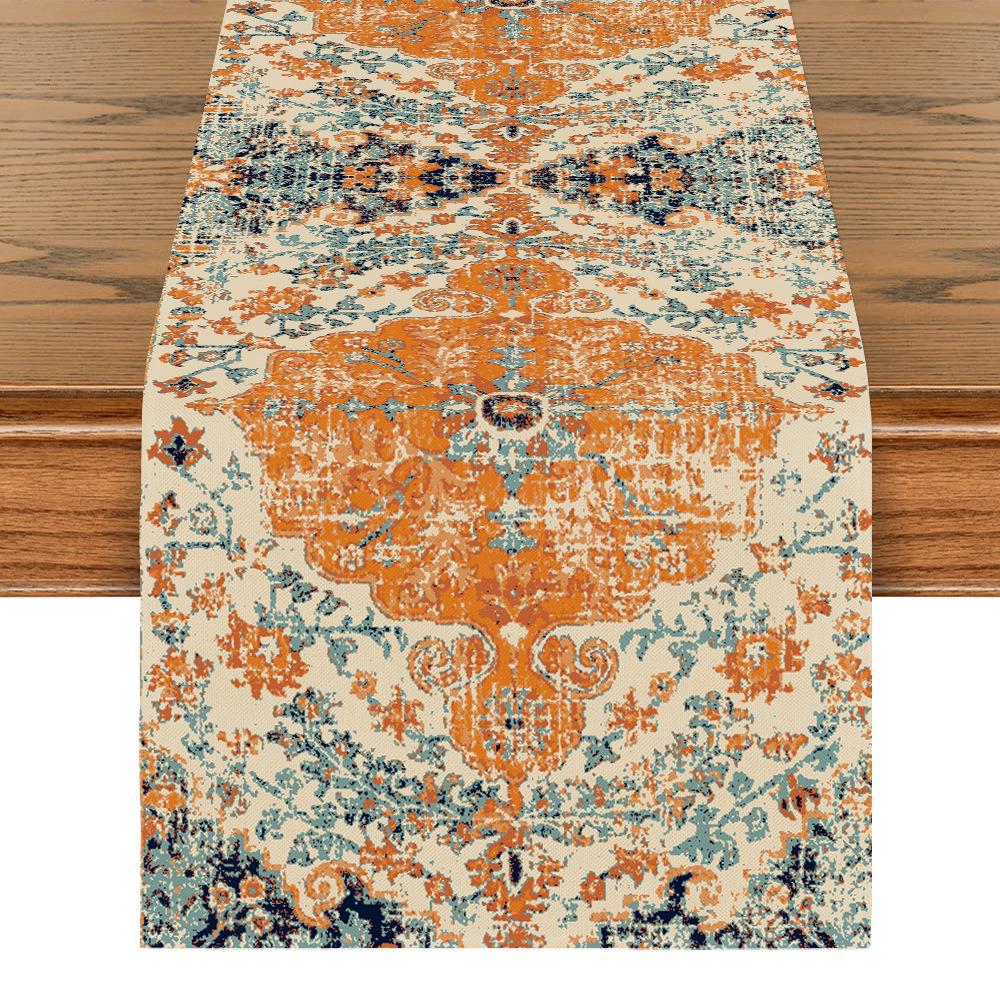 

Богемная оранжево-синяя деревенская скатерть - Украшение для столовой и кухни Short (33x90 cm)