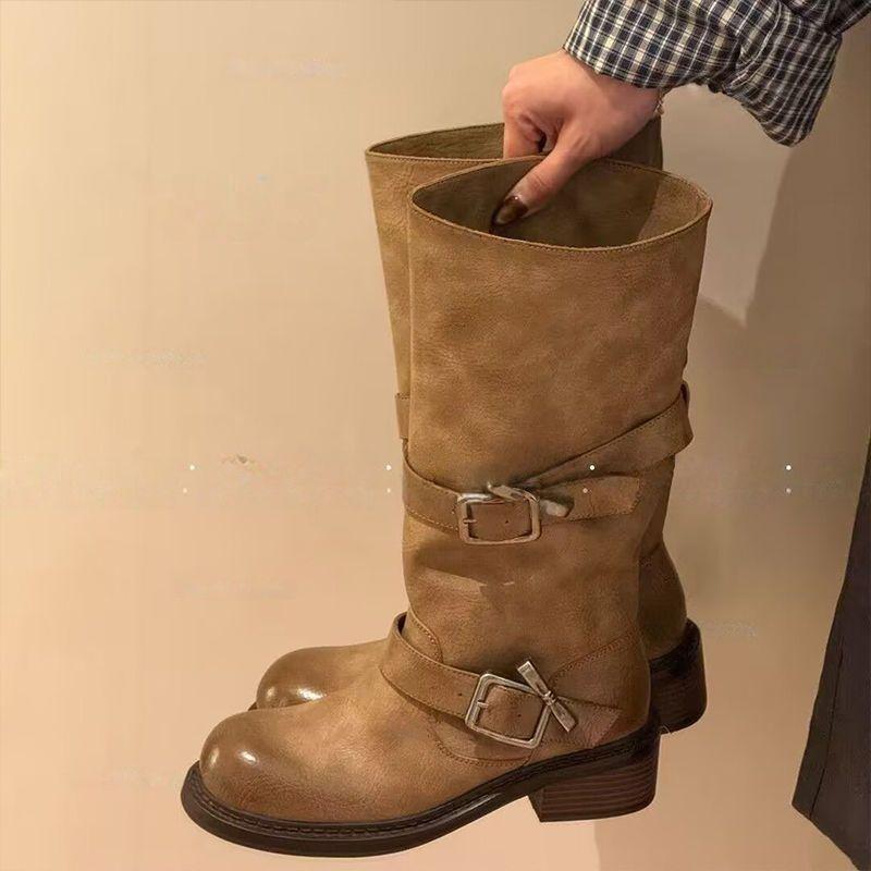 Retro Locomotive Boots Women's 2025 Autumn and Winter New Thick Heel Medium Boots Tooling But Knee Boots Martin Boots