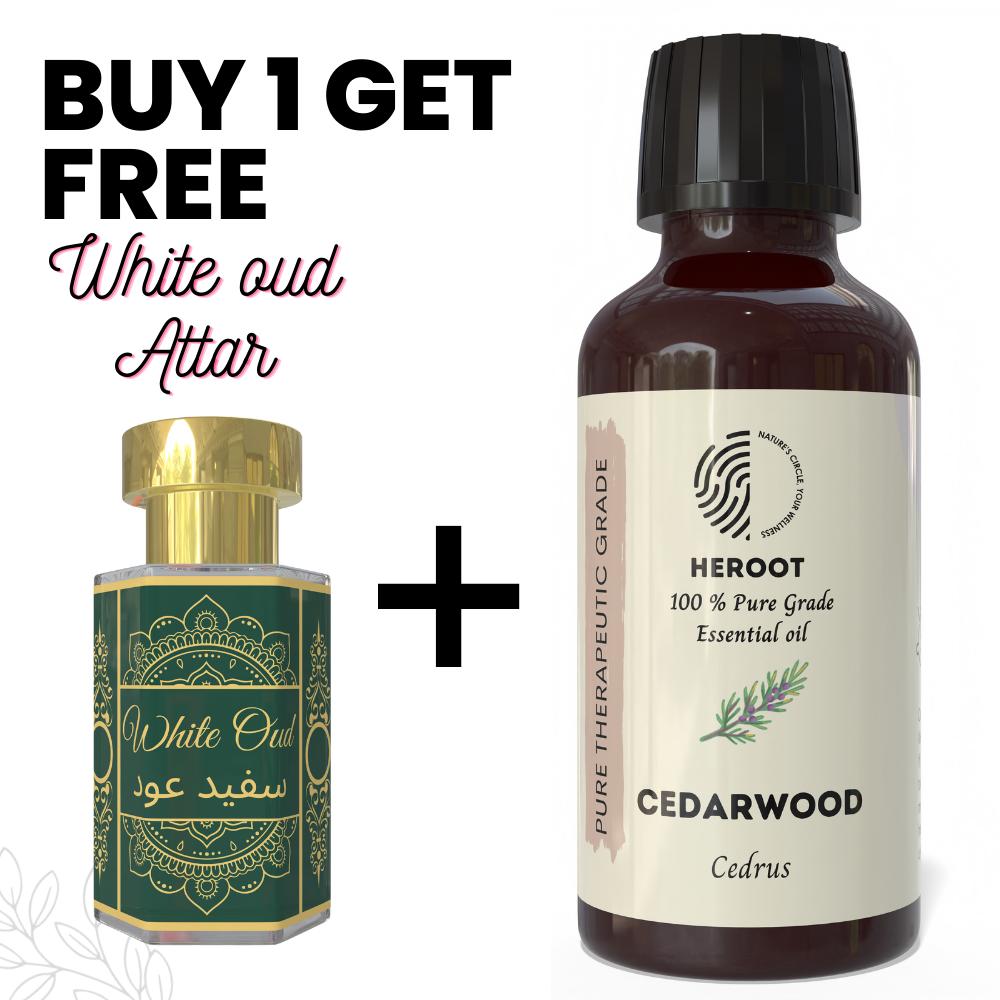 

Cedarwood Essential Oil 10ml for Aromatherapy & Home Fragrance get 1 Free Attar – Aqua AQ, Dubai Oud, Aura, White Oud