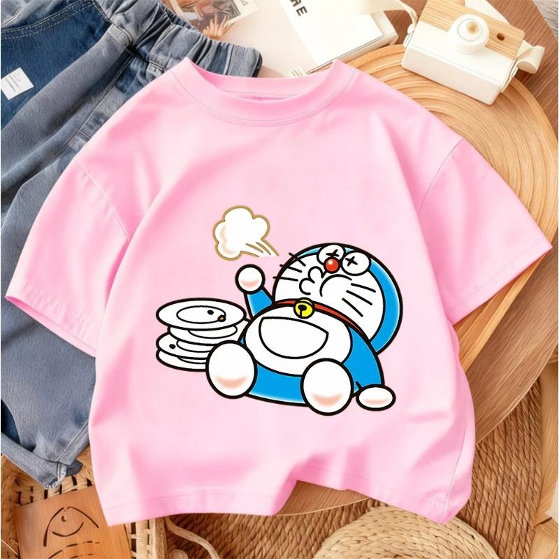 2026 Casual Round Neck Boys and Girls Summer T-Shirt Doraemon Fashion Cartoon Design