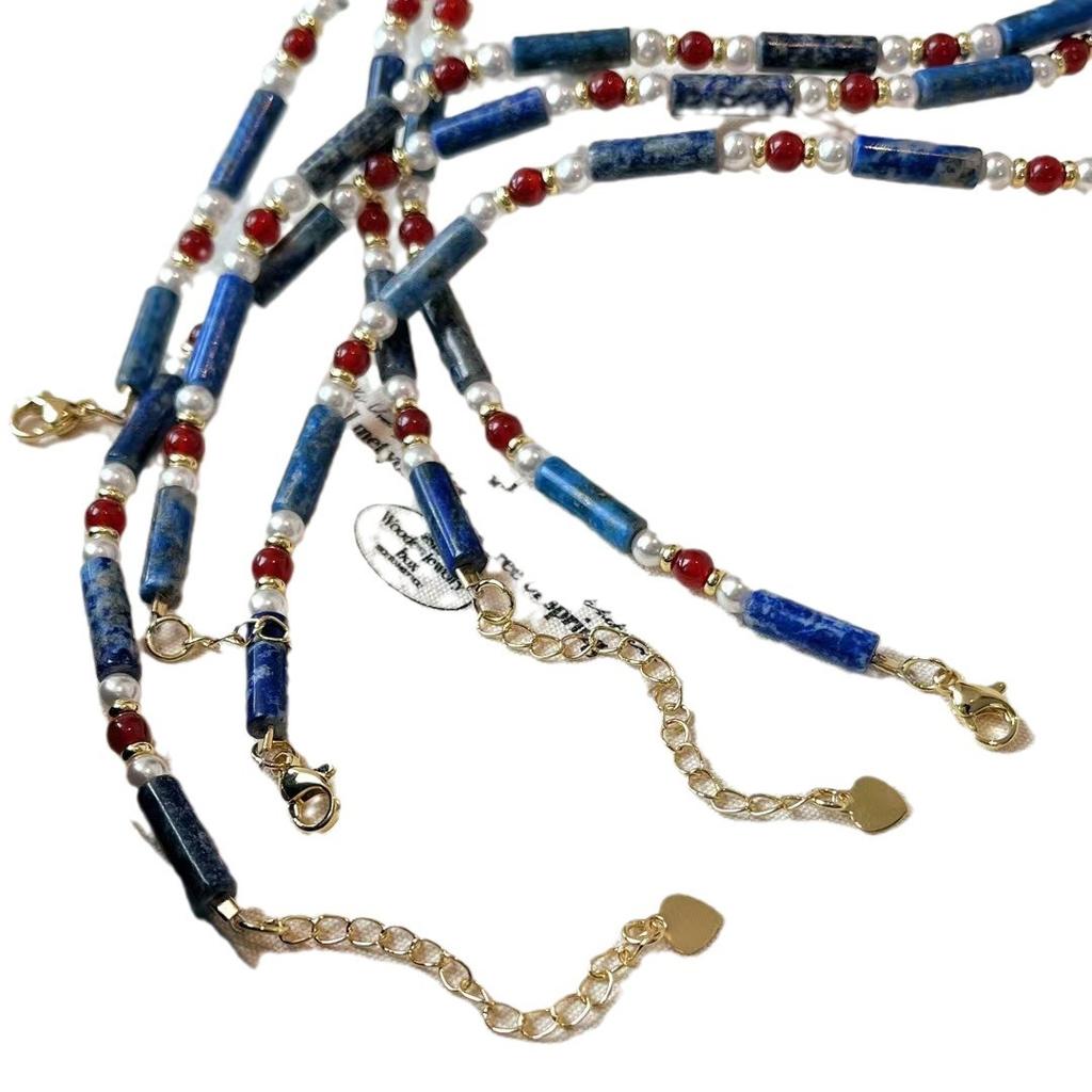 Niche High-end Versatile Lapis Lazuli Contrast Retro Baby's Breath Collarbone Chain Necklace Female Atmosphere Beaded Necklace