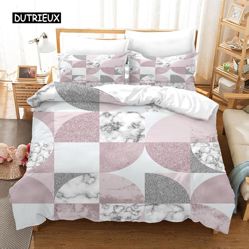 Duvet Cover Geometric Pink Marble Comforter Bedding Set Cover Bed Cover Bedspread 2/3 Pcs for Women Girls Bedroom Decorations