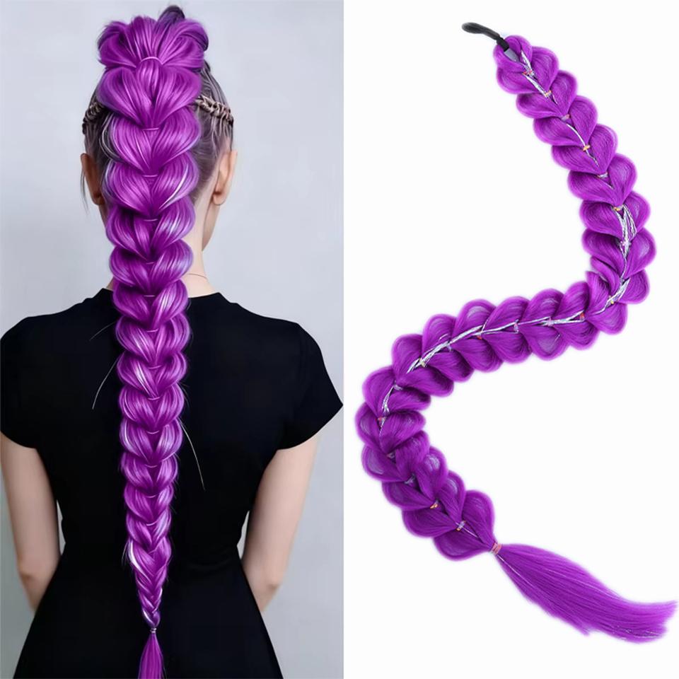 32palcový pletený fialový syntetický culík s třpytivými vlasy Paruka Super prodlužování lesklé třpytivé vlasy pro děti Vánoční Cosplay vlasy 32inches black