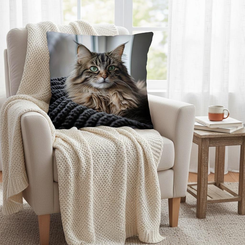 1pc Bohemian Green-Eyed Main Coon Cat Plush Cushion Cover - Zippered Pillowcase Suitable for Sofa, Living Room, Office Decor, Machine Washable Soft Co