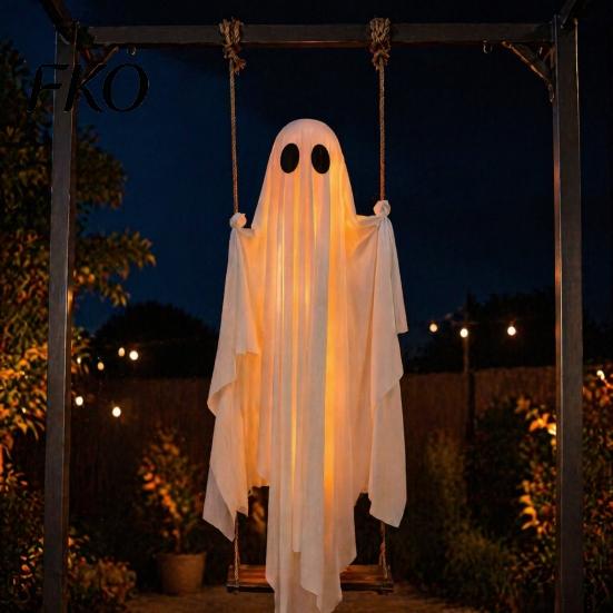 Holiday Garden Decor Hanging Swinging Ghost Halloween Decoration, LED Light Up Large Spooky Funny Yard Art with Remote Control for Outside Porch Tree,