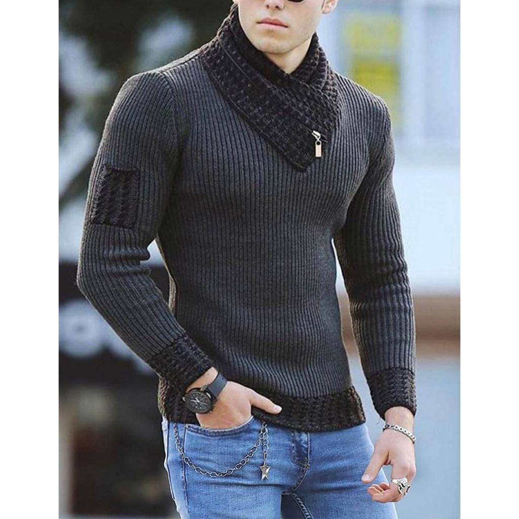 Men's Casual Solid-color Patchwork Style Long-sleeved High-neck Sweater, Men's Fitted Knitted Pullover, Scarf Collar Sweater