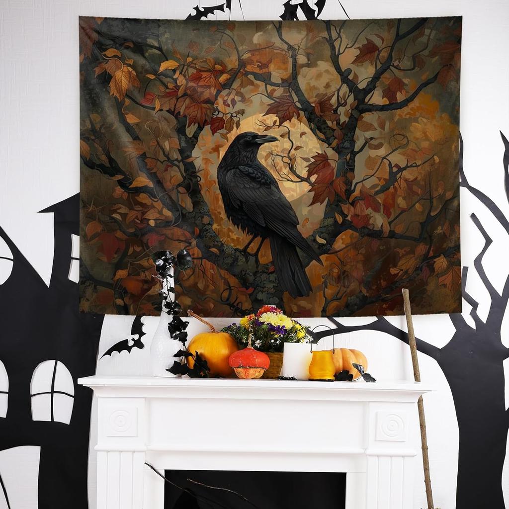 Halloween Gothic Tapestry, Halloween Black Raven Tapestry Wall Hanging, Dark Academia Halloween Black Crow Wall Art Blanket for