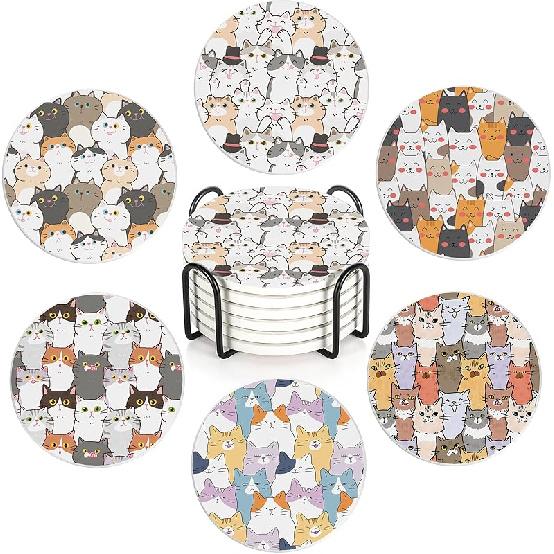 Drink Coasters Set of 6 with Holder, Cute Cats Absorbent Ceramic Coasters with Cork Base,Fit All Cups,Great Gift for Housewarming,Room