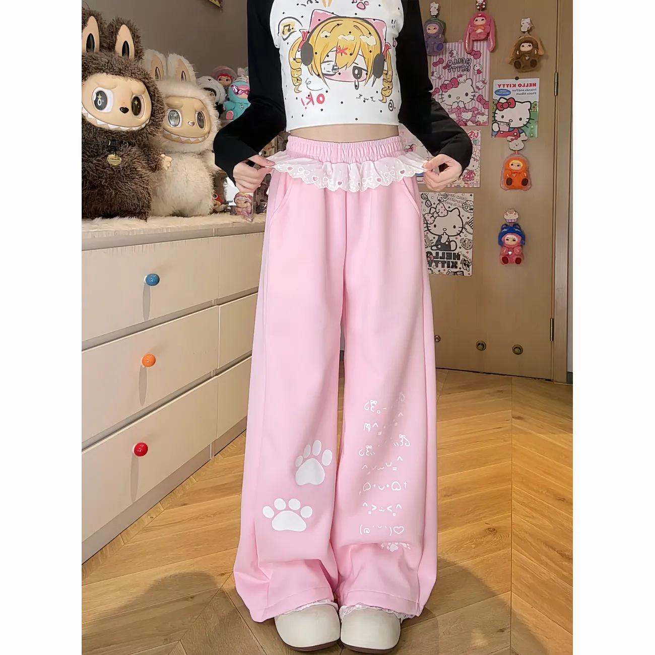 Women s Summer Lace Patchwork Wide-Leg Sweatpants with Drawstring Waist Large розовый