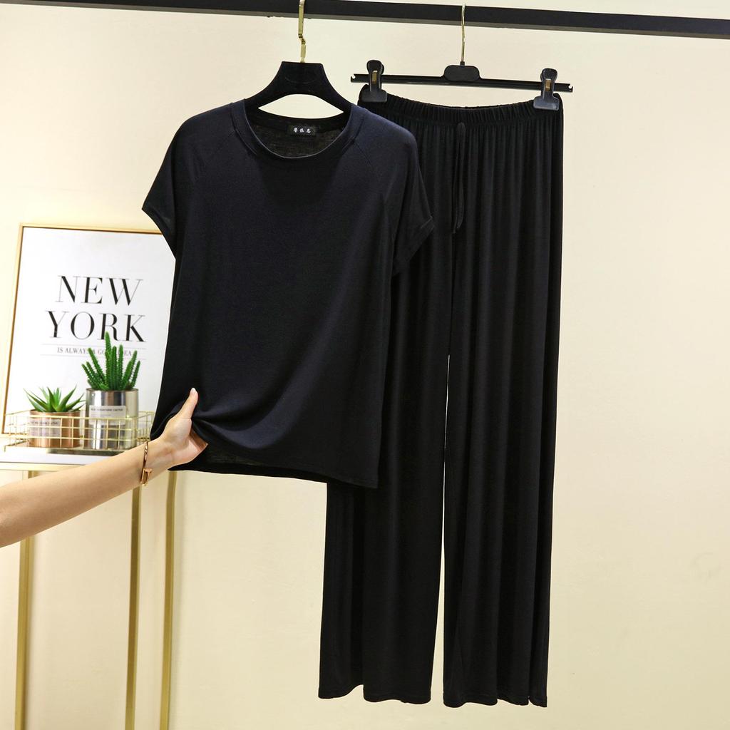Damen Sommer Freizeit Modal Pyjama Set - Kurzarm T-Shirt & Hose, Übergröße, Bequeme zweiteilige Homewear