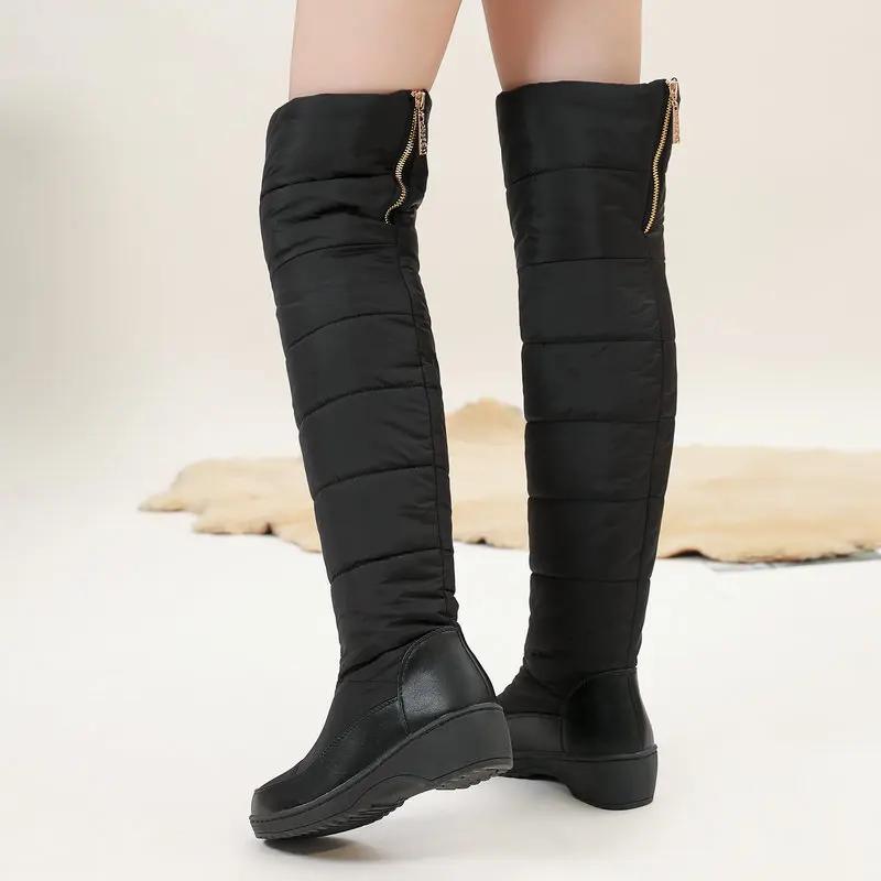 2024 Zimní Dámské Kozačky Nad Koleno Sněhule Dámské PU Patchwork Vodotěsné Prachové Látky Silně Vatované Teplé Plyšové Podšívkové Boty