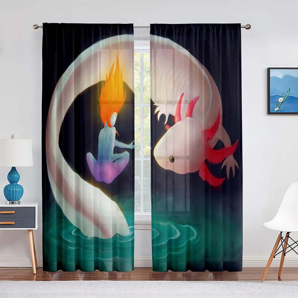 Cartoon Watercolor Axolotl with Hat Sheer Voile Curtain Sealife Reptiles Chiffon Tulle Curtains for Living Room Bedroom Drapes