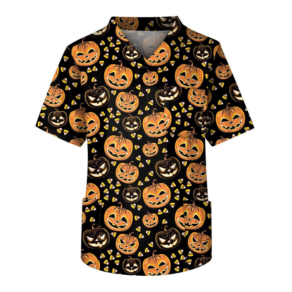 Fashion Men's Short Sleeve V Neck Halloween Printing Working Chest Pocket Carer Top