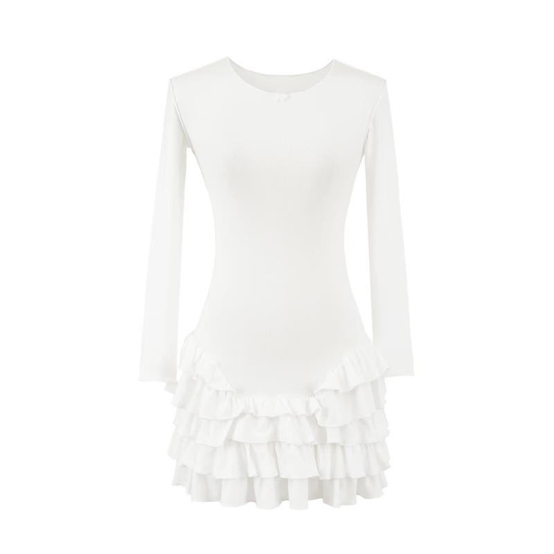 Girly Slim-Fit Ruffle Long-Sleeve Dress with Elastic Waist Small белый