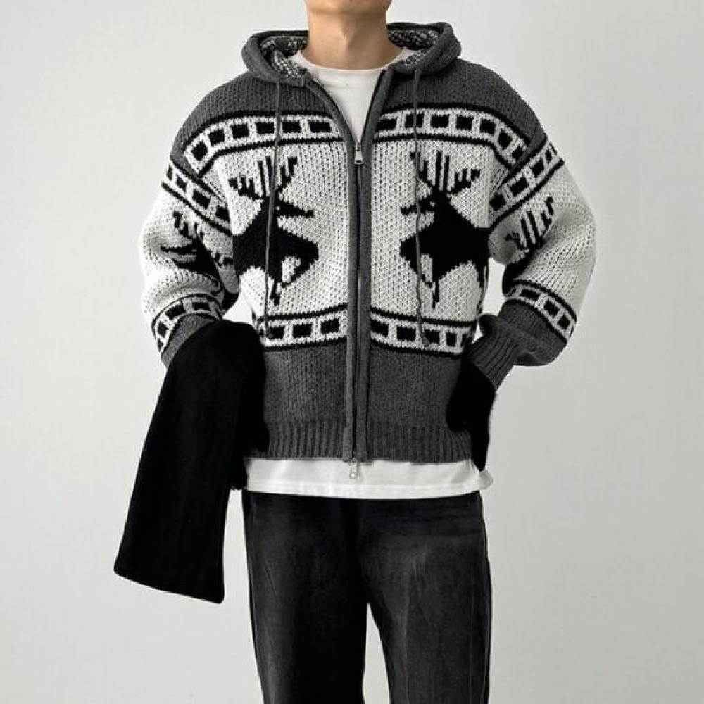 Onl Hooded Men S Nordic Knit Deer Knit Zipper