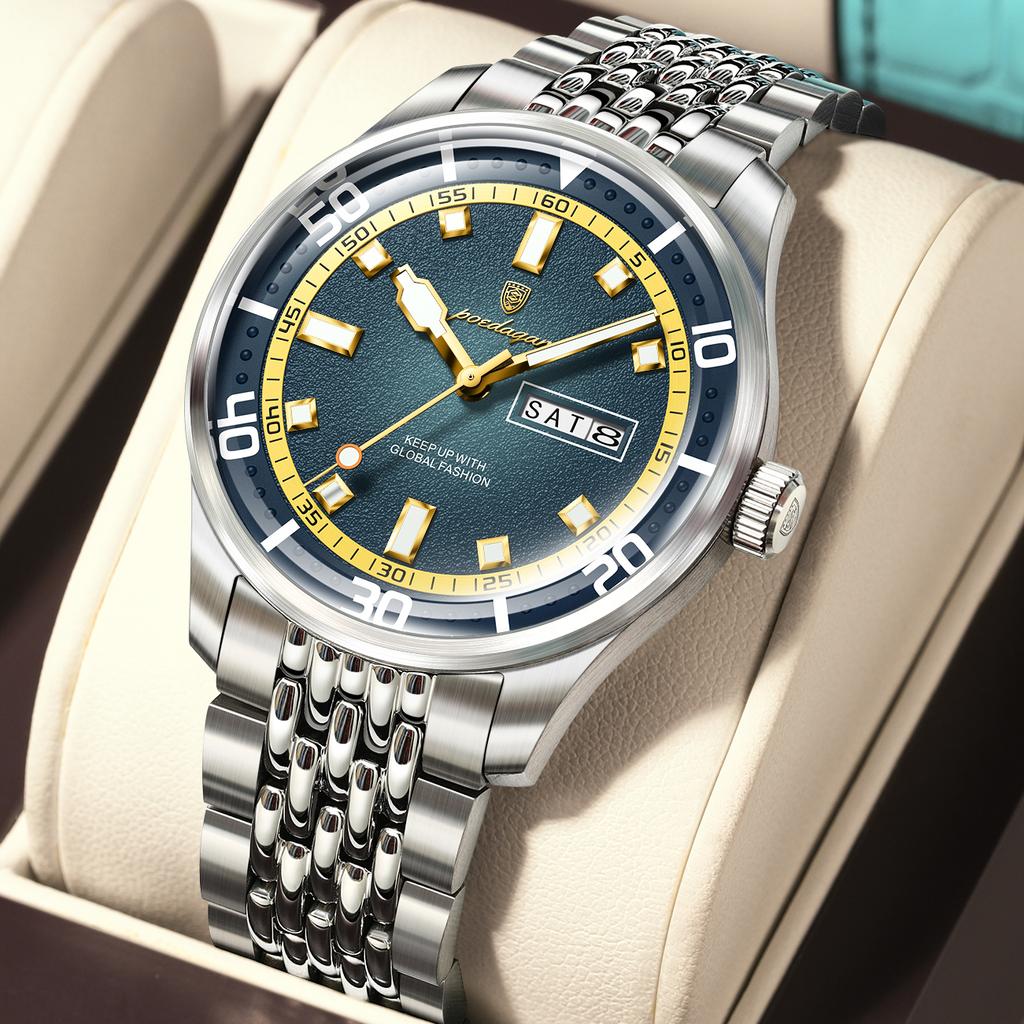 POEDAGAR Luxury Military Man Watch Casual Waterproof Luminous Date Week Men Watch Stainless Steel Quartz Men's Watches Reloj+Box