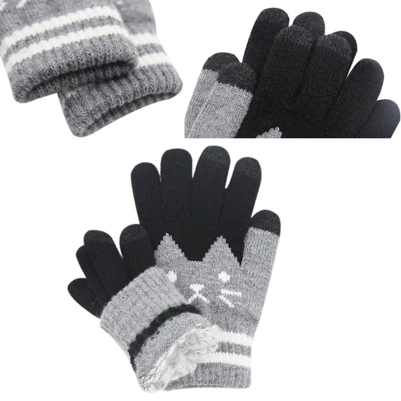 Zimní Kočičí Žakárové Všestranné Zesílené Teplé Pletené Rukavice Hravé Rukavice s Plnými Prsty Roztomilé Vícebarevné