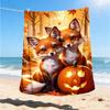 1pc Autumn Foxes Pumpkin Throw Blanket Polyester Fiber, Lightweight Flannel, Soft & Warm, All Season Use for Outdoor, Camping Digital Print